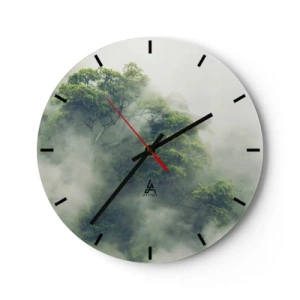 Wanduhr - Glasuhr - Grüne Bäume in geheimnisvollen Nebel gehüllt - 30x30cm - In Nebel gehüllt - Moderne Wanddekoration für Wohnzimmer, Küche und Schlafzimmer ARTTOR
