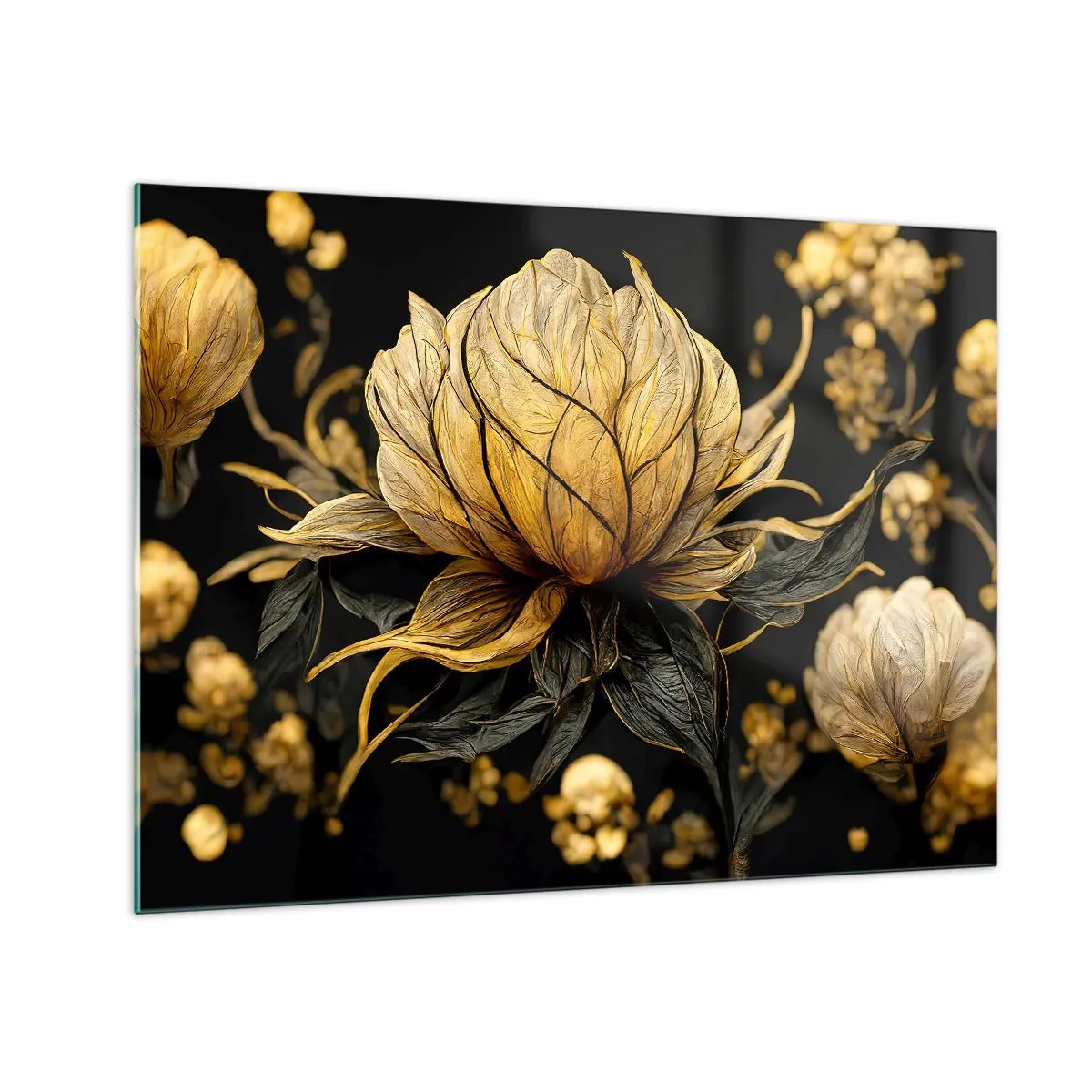 Glasbild - Bild auf glas - Goldene Blumen auf schwarzem Hintergrund in einer eleganten Komposition - 70x50cm - Subtile Zerbrechlichkeit - Moderne Wanddekoration für Wohnzimmer und Schlafzimmer ARTTOR