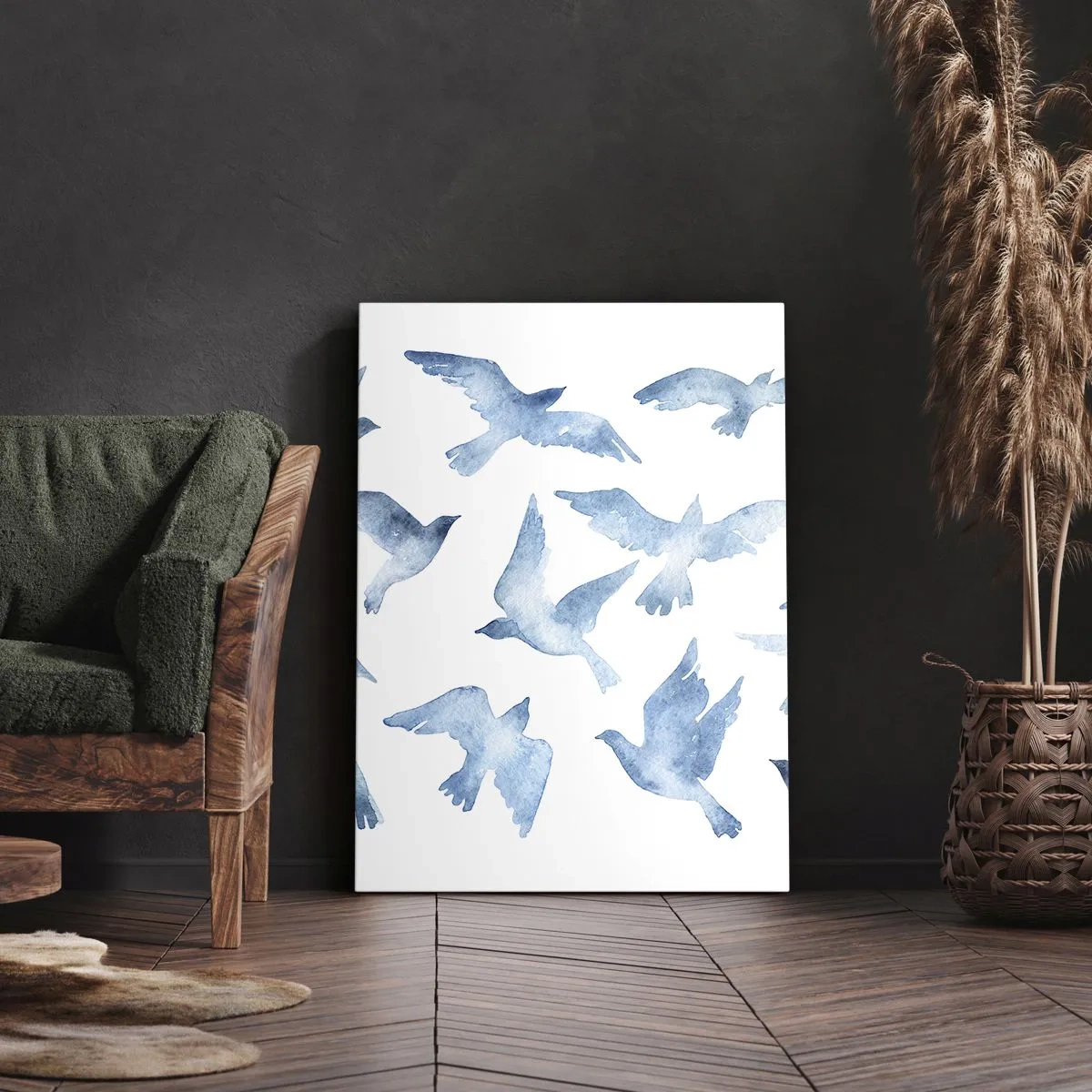 Bild auf Leinwand - Leinwandbild - Ein subtiles Aquarell, das fliegende Vögel darstellt - 50x70cm - Blaue Vögel - Moderne Wanddekoration für Wohnzimmer und Schlafzimmer ARTTOR