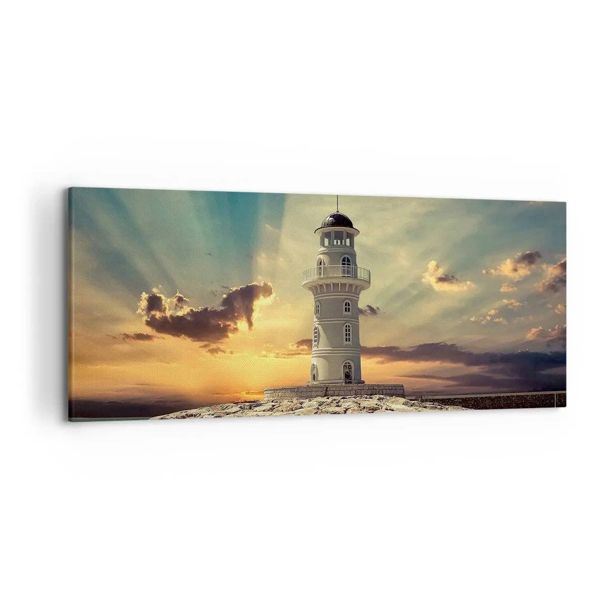 Bild auf Leinwand - Leinwandbild - Ein Leuchtturm bei Sonnenuntergang gegen den Himmel - 120x50cm - Licht - Gut - Schönheit - Moderne Wanddekoration für Wohnzimmer und Schlafzimmer ARTTOR