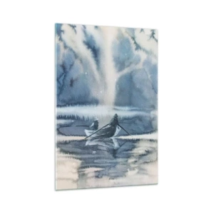 Glasbild - Bild auf glas - Aquarelllandschaft mit Booten auf einem See, umgeben von einem nebligen Wald - 70x100cm - Angler in ihrem Paradies - Moderne Wanddekoration für Wohnzimmer und Schlafzimmer ARTTOR