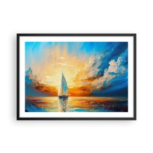Poster in einem schwarzem Rahmen - Ein Segelboot vor der Kulisse der untergehenden Sonne und bunten Wolken - 70x50cm - In Gold segeln - Moderne Wanddekoration für Wohnzimmer und Schlafzimmer ARTTOR