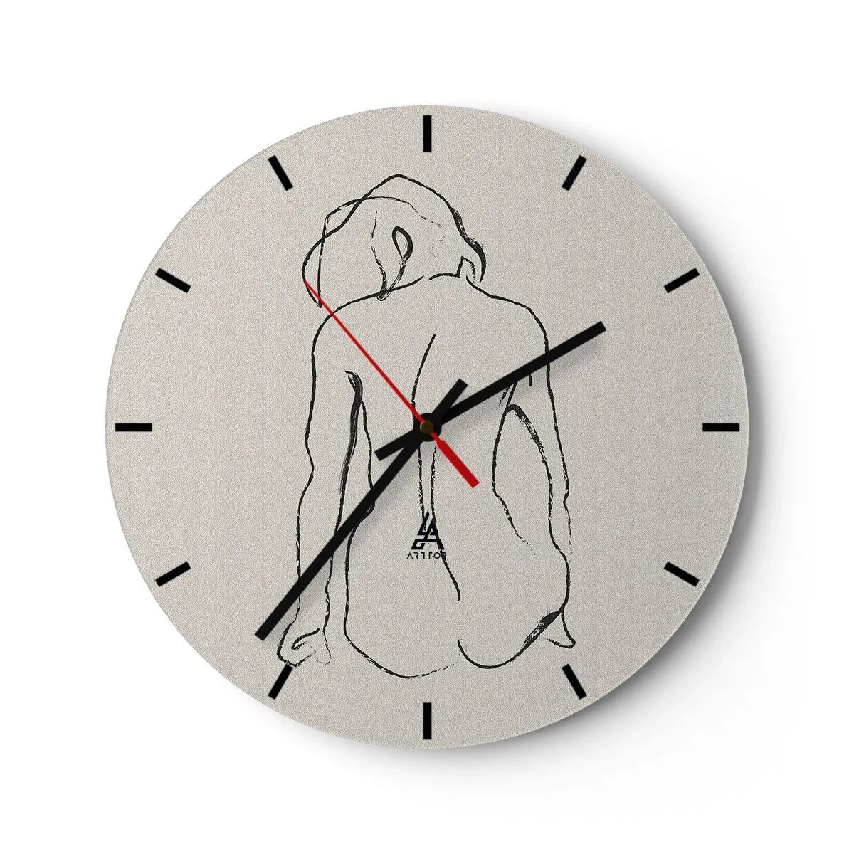 Wanduhr - Glasuhr - Eine subtile Skizze einer weiblichen Silhouette vor einem hellen Hintergrund - 30x30cm - Mädchenakt - Moderne Wanddekoration für Wohnzimmer, Küche und Schlafzimmer ARTTOR