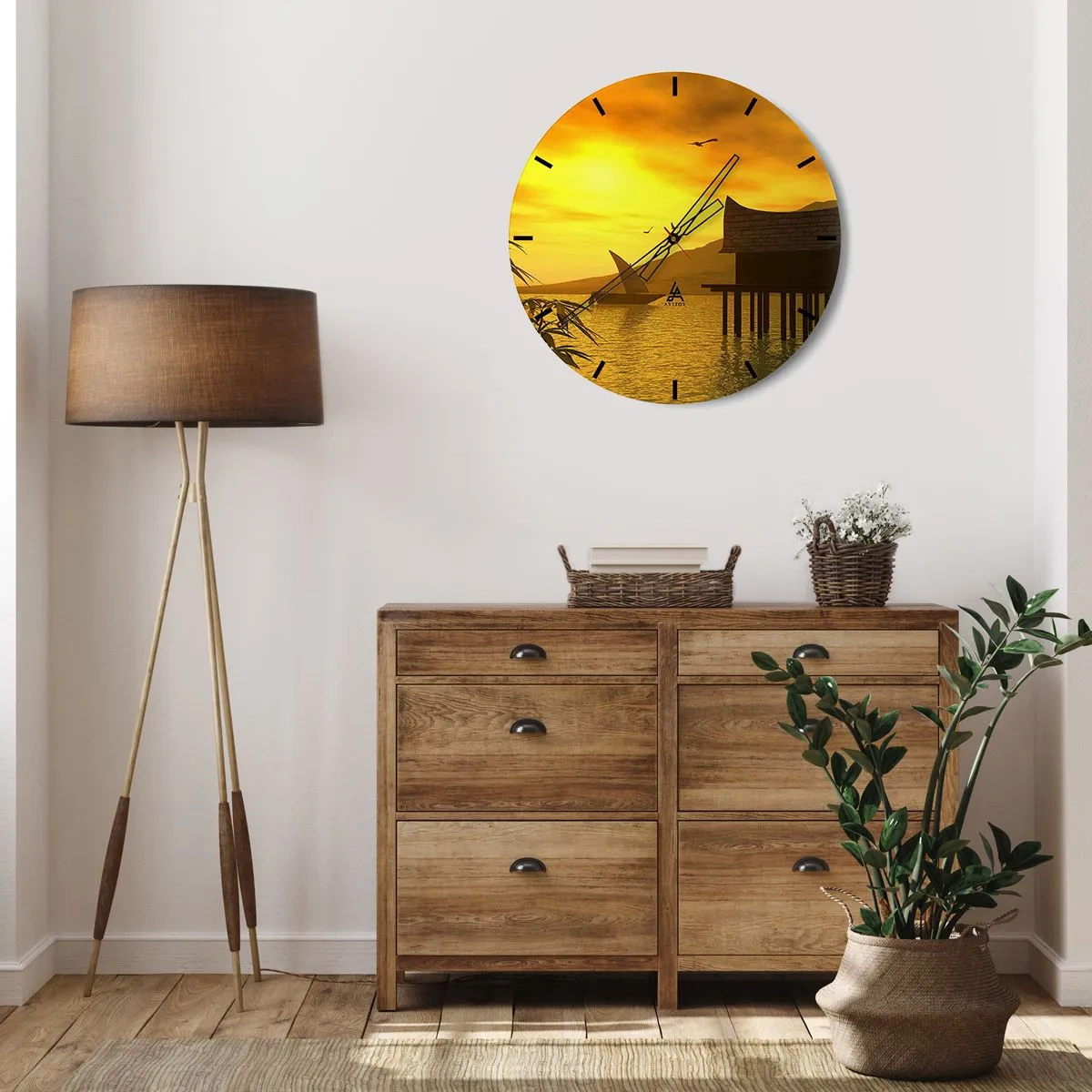 Wanduhr - Glasuhr - Sonnenuntergang über dem See mit einem Haus auf Stelzen - 30x30cm - Der ersehnte Frieden - Moderne Wanddekoration für Wohnzimmer, Küche und Schlafzimmer ARTTOR