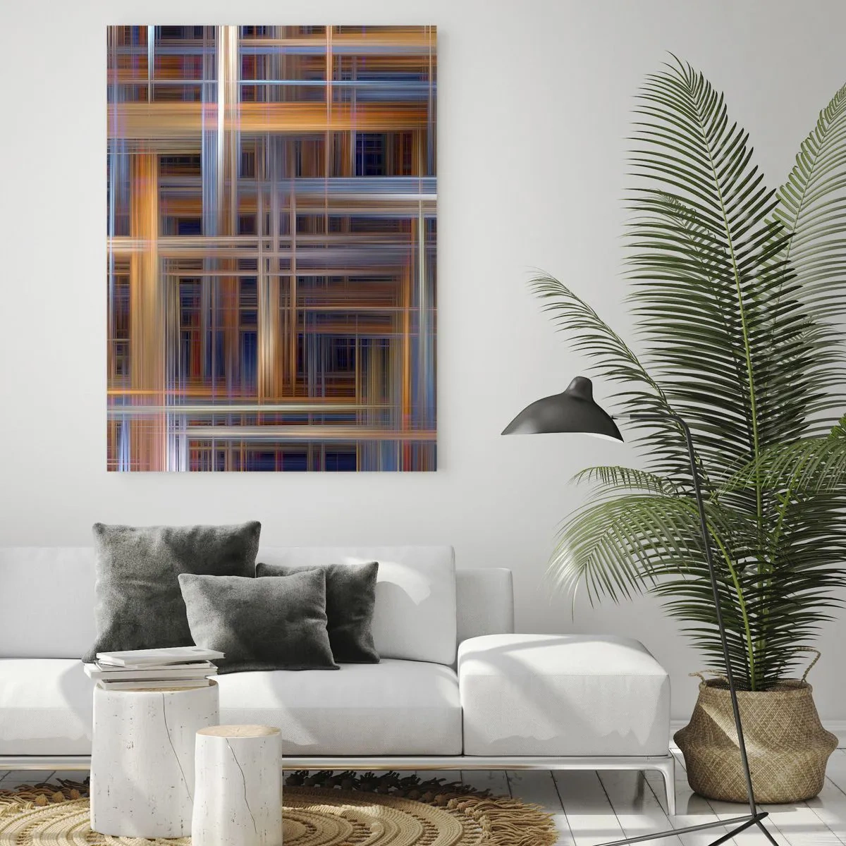 Glasbild - Bild auf glas - Geometrisches Muster aus Linien und Farben im abstrakten Stil - 50x70cm - Aus Licht gewebt - Moderne Wanddekoration für Wohnzimmer und Schlafzimmer ARTTOR