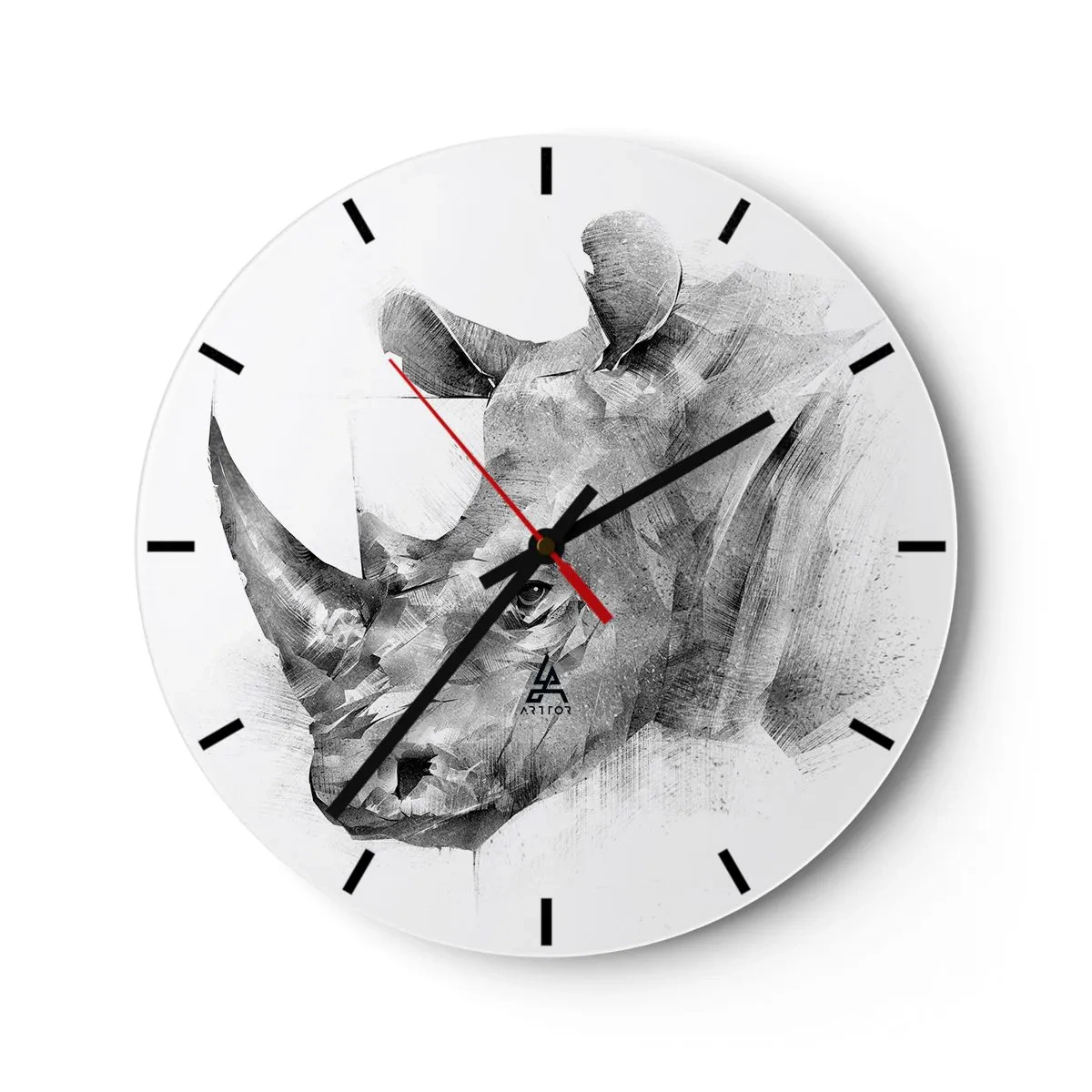 Wanduhr - Glasuhr - Skizzenhaftes Porträt eines Nashorns - 30x30cm - Afrikanisches Porträt - Moderne Wanddekoration für Wohnzimmer, Küche und Schlafzimmer ARTTOR