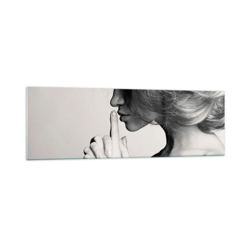 Glasbild - Bild auf glas - Schwarz-weißes Profil einer Frau, die Stille gestikuliert - 160x50cm - Auf sich selbst hören - Moderne Wanddekoration für Wohnzimmer und Schlafzimmer ARTTOR