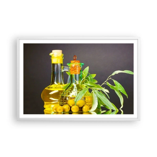 Poster in einem weißen Rahmen - Stillleben mit Oliven und Olivenöl - 91x61 cm