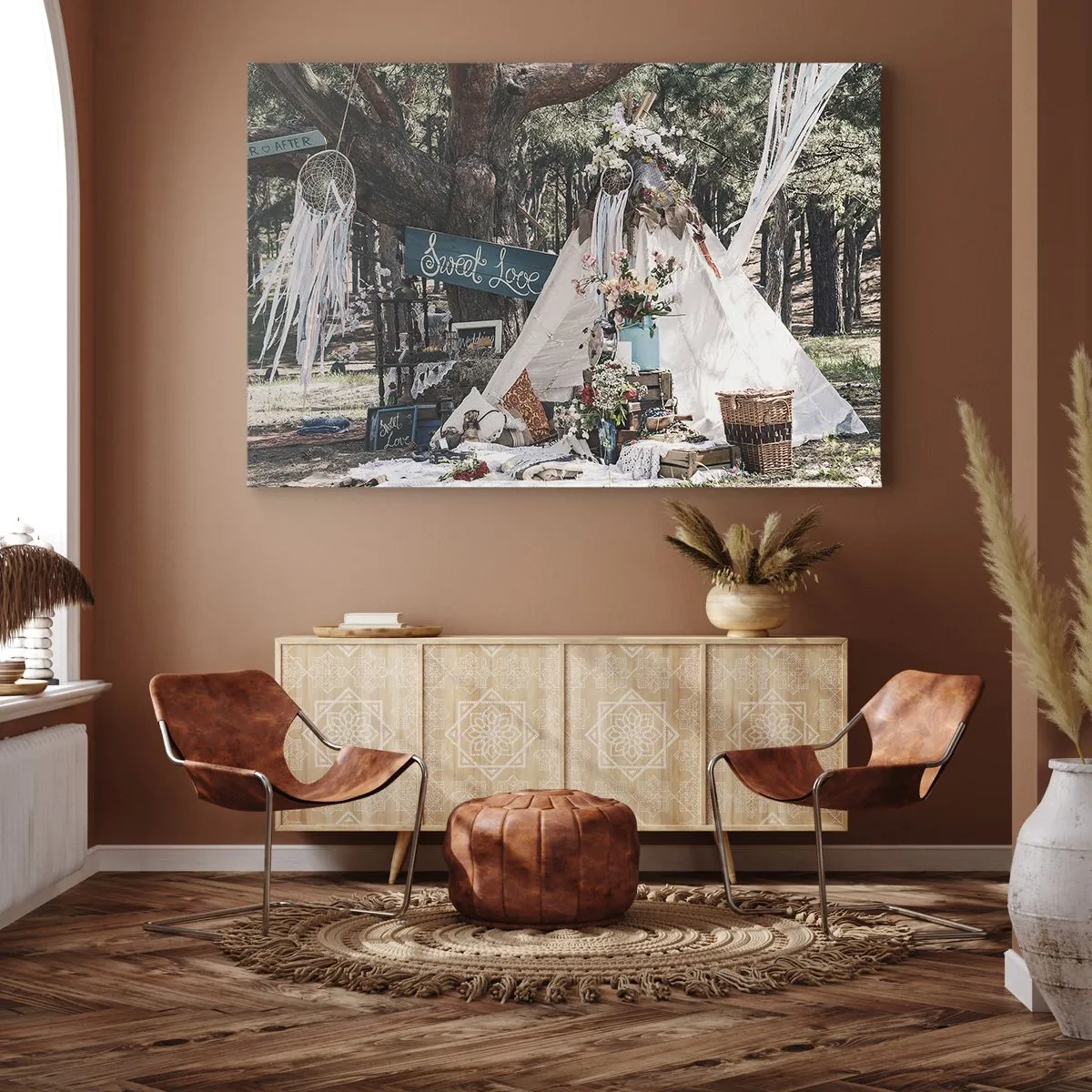 Bild auf Leinwand - Leinwandbild - Boho-Dekoration mit einem Tipi im Wald - 70x50cm - Liebe machen ... - Moderne Wanddekoration für Wohnzimmer und Schlafzimmer ARTTOR