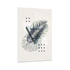 Glasbild - Bild auf glas - Geometrische Komposition mit tropischen Blättern in Grüntönen - 70x100cm - Natur und Geometrie – zwei Ordnungen? - Moderne Wanddekoration für Wohnzimmer und Schlafzimmer ARTTOR