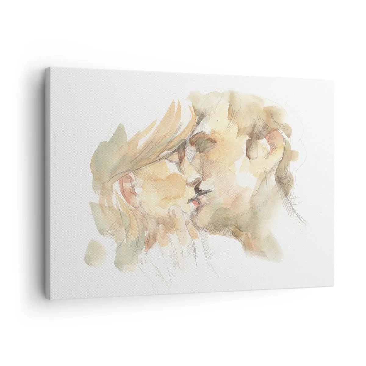 Bild auf Leinwand - Leinwandbild - Romantisches Aquarellporträt eines sich küssenden Paares - 70x50cm - Hälfte gefunden? - Moderne Wanddekoration für Wohnzimmer und Schlafzimmer ARTTOR