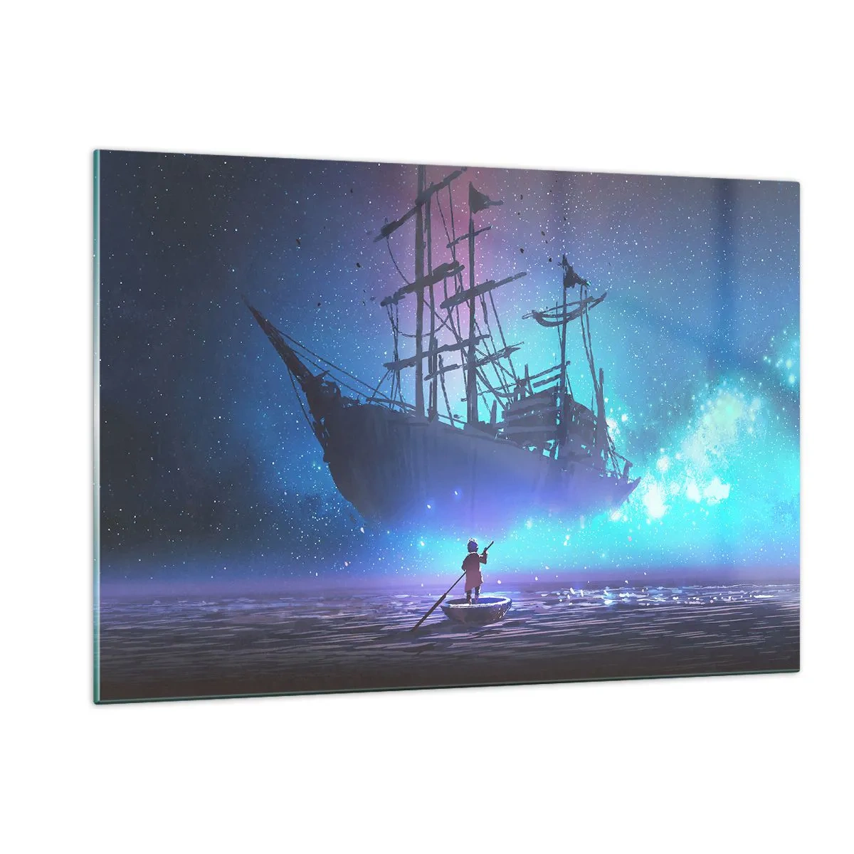 Glasbild - Bild auf glas - Ein Nachtschiff, das in einer magischen Aura über dem Wasser schwebt - 120x80cm - Begegnung mit dem Mythos des Meeres - Moderne Wanddekoration für Wohnzimmer und Schlafzimmer ARTTOR