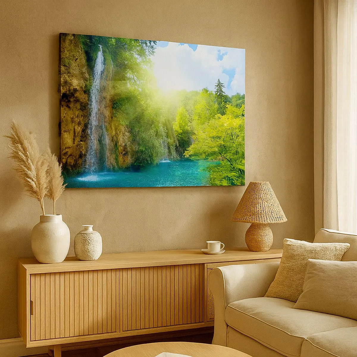 Bild auf Leinwand - Leinwandbild - Ein Wasserfall, der in einen türkisfarbenen See fließt, umgeben von Grün - 70x50cm - Es muss Eden sein - Moderne Wanddekoration für Wohnzimmer und Schlafzimmer ARTTOR