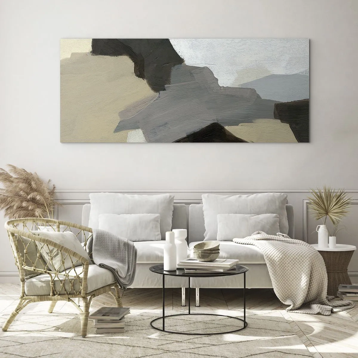 Glasbild - Bild auf glas - Abstrakte Formen in Beige-, Braun- und Grautönen - 120x50cm - Abstraktion: Scheideweg des Graus - Moderne Wanddekoration für Wohnzimmer und Schlafzimmer ARTTOR