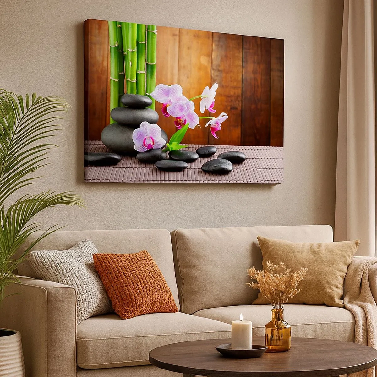 Bild auf Leinwand - Leinwandbild - Bambus, Steine und rosa Orchideen im Zen-Stil auf Holzhintergrund - 70x50cm - Treffen Sie die Freuden des Ostens - Moderne Wanddekoration für Wohnzimmer und Schlafzimmer ARTTOR
