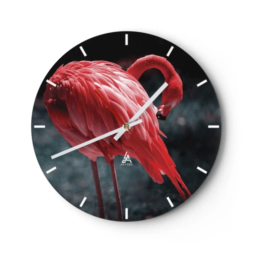 Wanduhr - Glasuhr - Ein roter Flamingo auf dunklem Hintergrund in einer eleganten Aufnahme - 30x30cm - Ein purpurrotes Gedicht der Natur - Moderne Wanddekoration für Wohnzimmer, Küche und Schlafzimmer ARTTOR