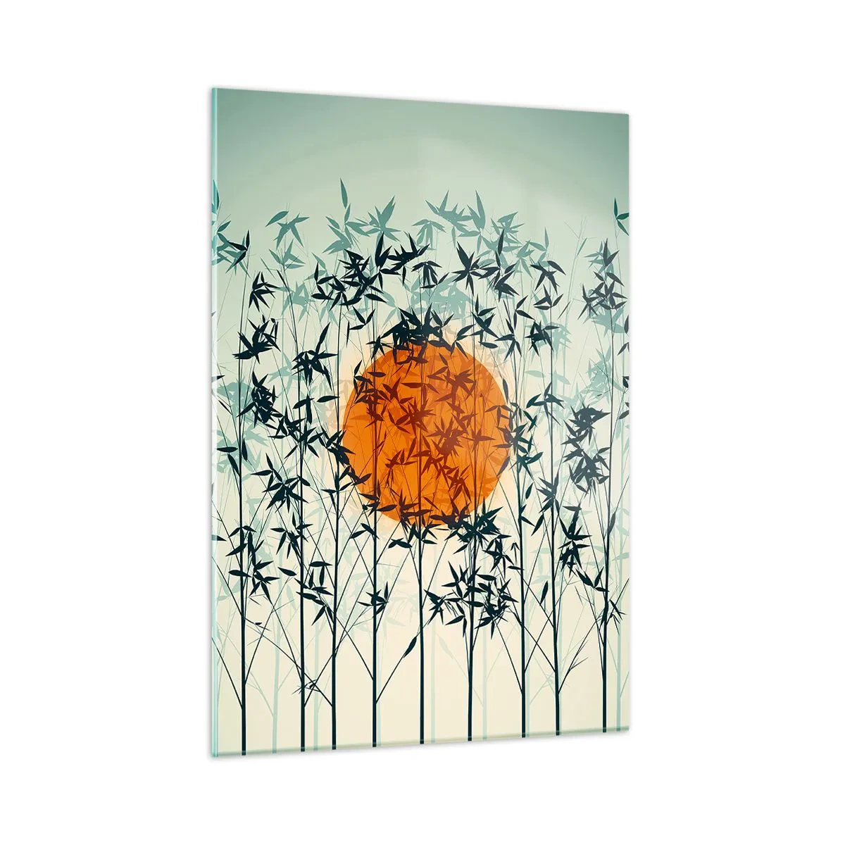 Glasbild - Bild auf glas - Rote Sonne zwischen zarten Bambusblättern - 50x70cm - Japanische Sonne - Moderne Wanddekoration für Wohnzimmer und Schlafzimmer ARTTOR