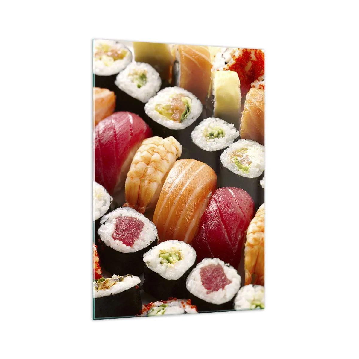Glasbild - Bild auf glas - Buntes Sushi in Reihen angeordnet mit verschiedenen Toppings - 70x100cm - Farben und Aromen Asiens - Moderne Wanddekoration für Wohnzimmer und Schlafzimmer ARTTOR