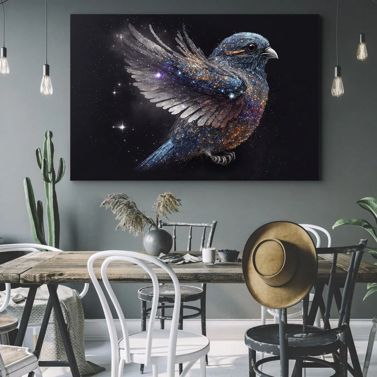Bild auf Leinwand - Leinwandbild - Ein Spatz im Space-Age-Stil mit Diamantglanz - 120x80cm - Diamantsperling - Moderne Wanddekoration für Wohnzimmer und Schlafzimmer ARTTOR