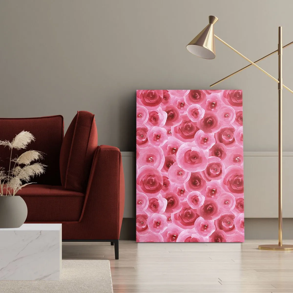Bild auf Leinwand - Leinwandbild - Zarte Rosen in pastelligen Rosatönen - 80x120cm - Oben und unten Rosen - Moderne Wanddekoration für Wohnzimmer und Schlafzimmer ARTTOR