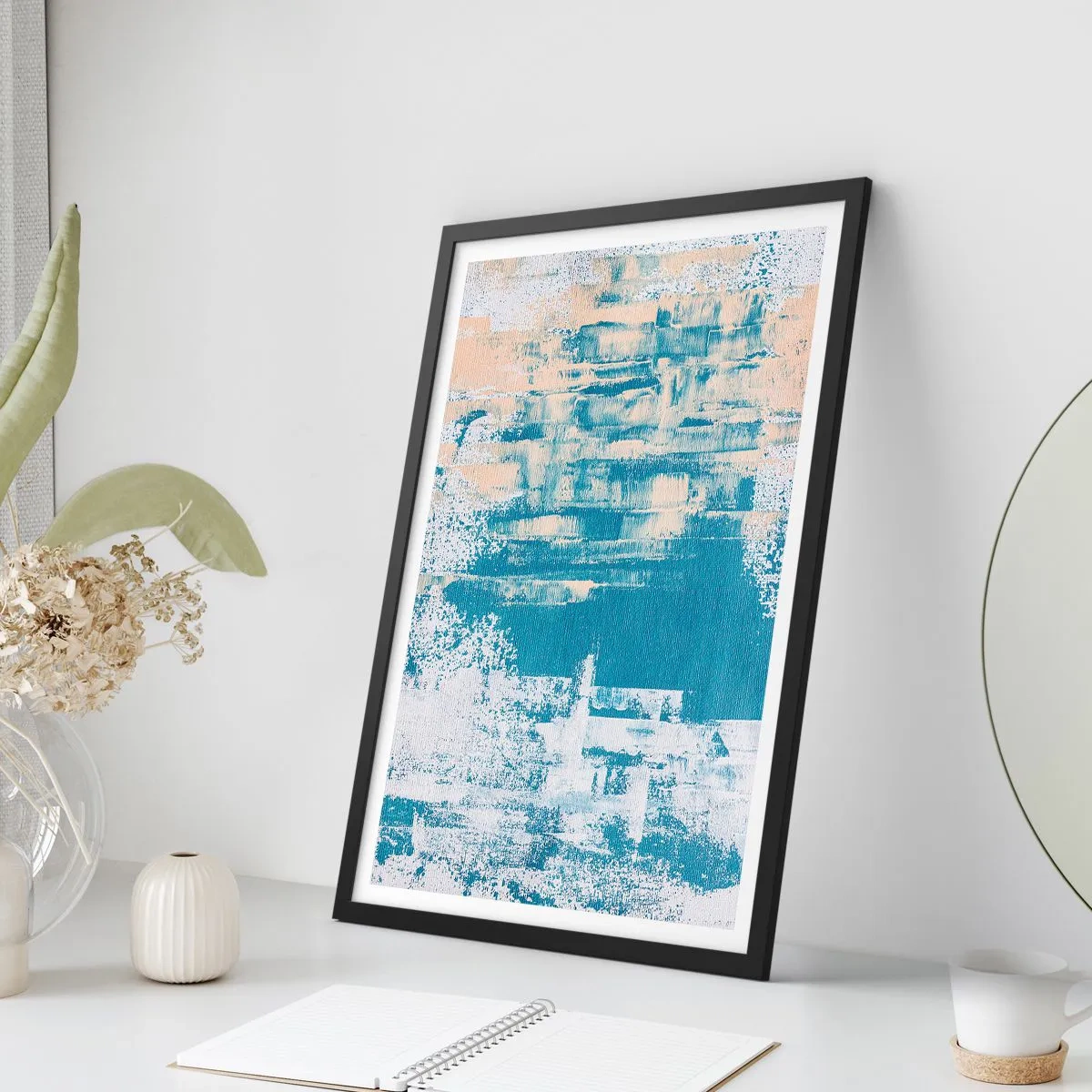 Poster in einem schwarzem Rahmen - Abstrakte Textur in Blau- und Beigetönen - 50x70cm - Durch einen Eiszapfen - Moderne Wanddekoration für Wohnzimmer und Schlafzimmer ARTTOR