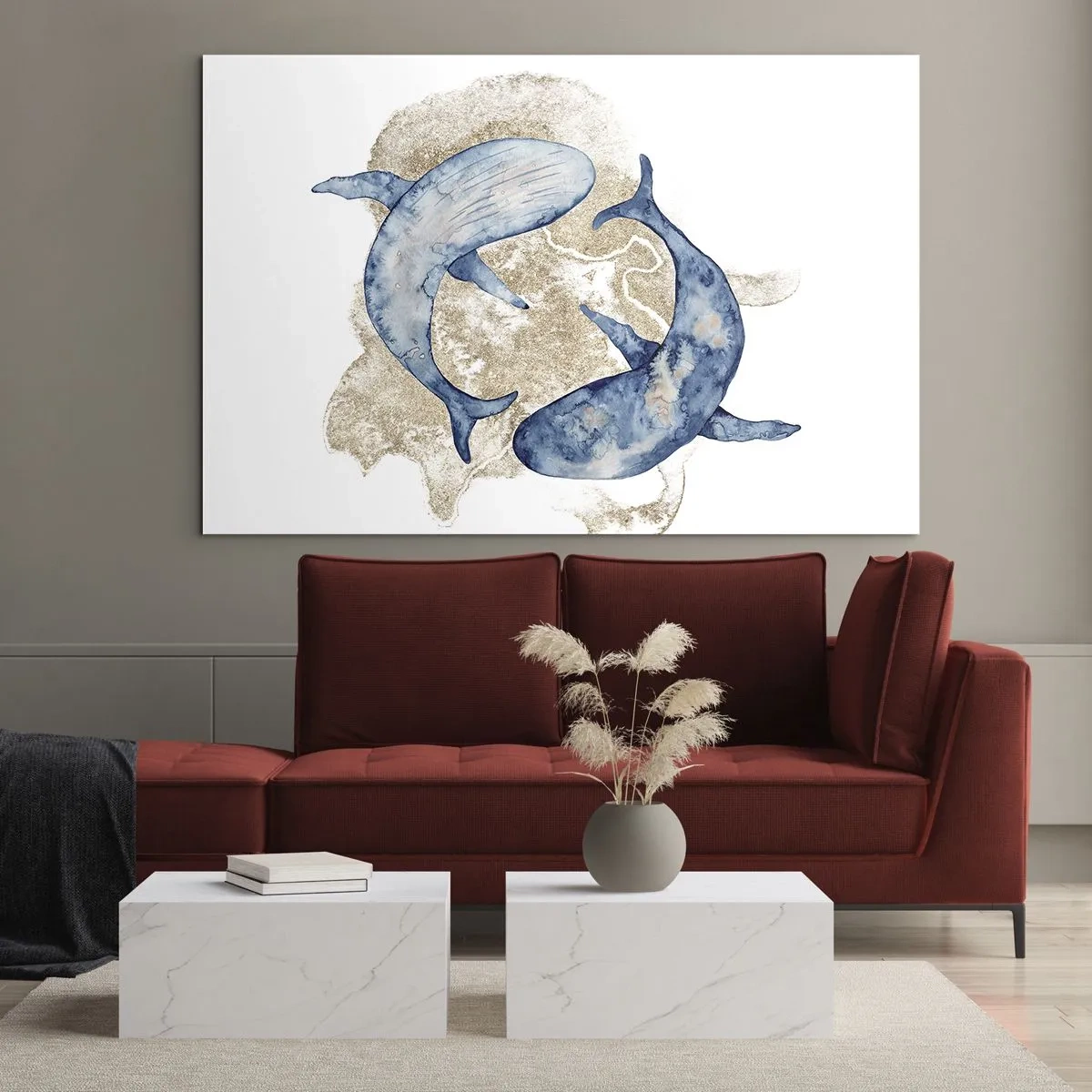 Glasbild - Bild auf glas - Zwei Blauwale vor einem Hintergrund aus abstrakten goldenen Flecken - 70x50cm - Freundschaft oder Liebe? - Moderne Wanddekoration für Wohnzimmer und Schlafzimmer ARTTOR