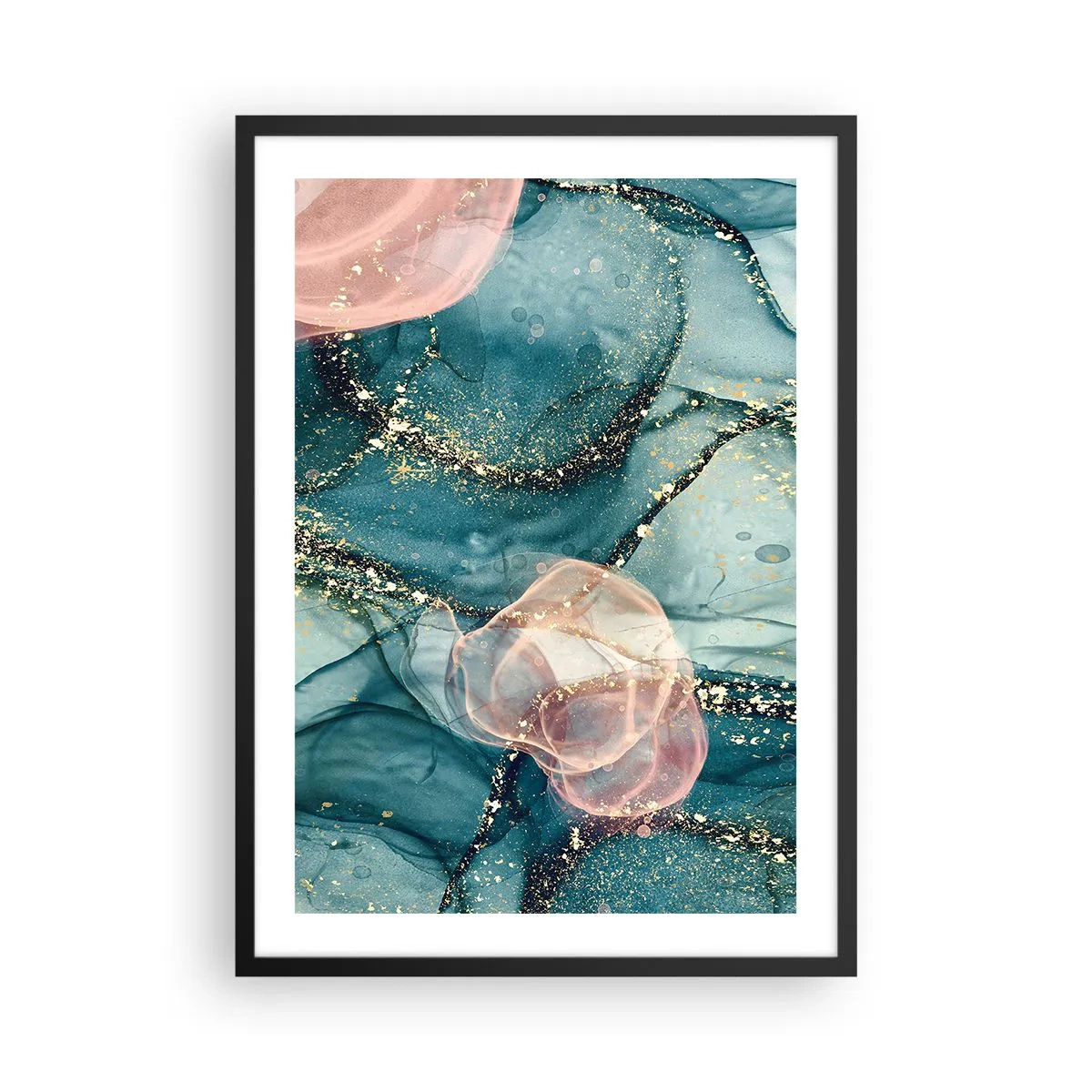 Poster in einem schwarzem Rahmen - Eine abstrakte Komposition in Türkis- und Goldtönen. - 50x70cm - Seidenblau, Tüllrosa - Moderne Wanddekoration für Wohnzimmer und Schlafzimmer ARTTOR