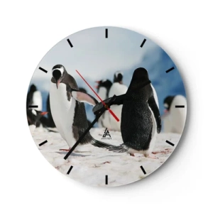 Wanduhr - Glasuhr - Pinguine im Schnee in einer arktischen Landschaft - 30x30cm - Tanzen im Schnee - Moderne Wanddekoration für Wohnzimmer, Küche und Schlafzimmer ARTTOR