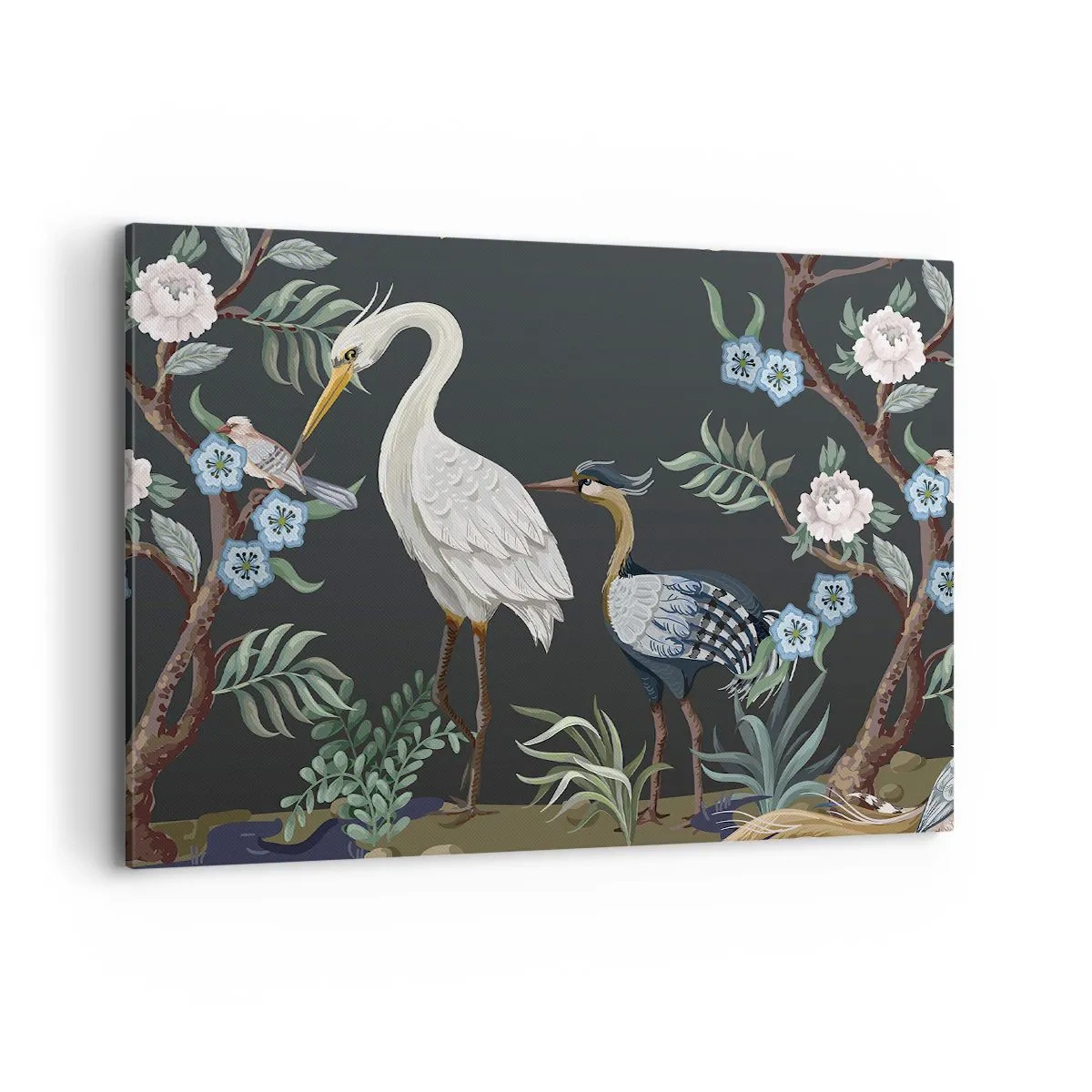 Bild auf Leinwand - Leinwandbild - Gemalte Vögel und Pflanzen auf dunklem Hintergrund mit elegantem Muster - 100x70cm - Vogelparade - Moderne Wanddekoration für Wohnzimmer und Schlafzimmer ARTTOR