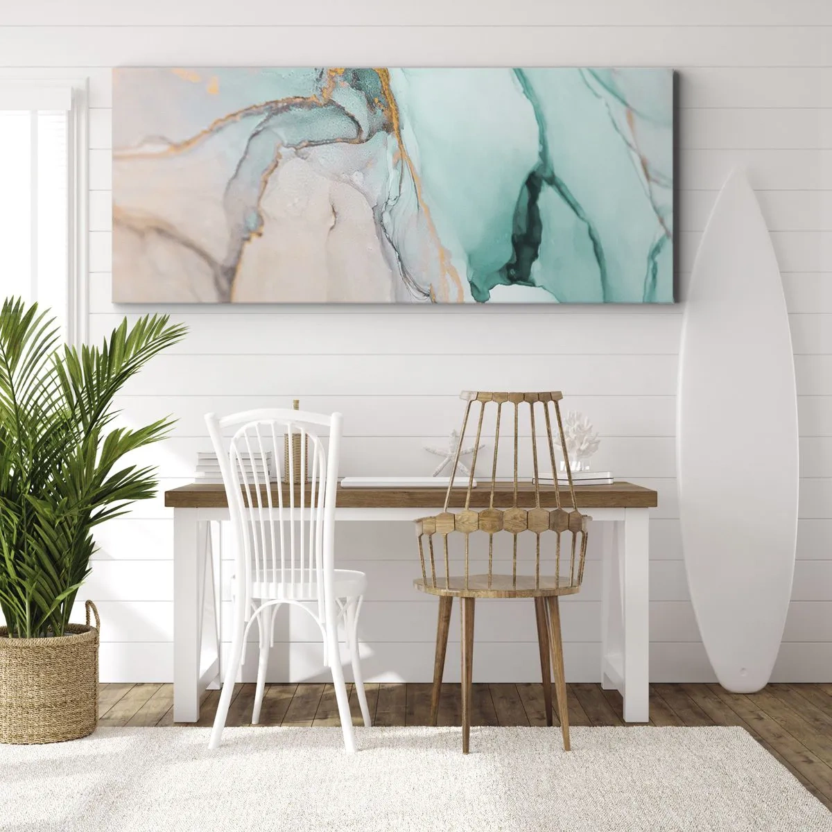 Bild auf Leinwand - Leinwandbild - Eine abstrakte Komposition in Türkis- und Goldtönen. - 160x50cm - Ein Tanz der Formen und Farben - Moderne Wanddekoration für Wohnzimmer und Schlafzimmer ARTTOR