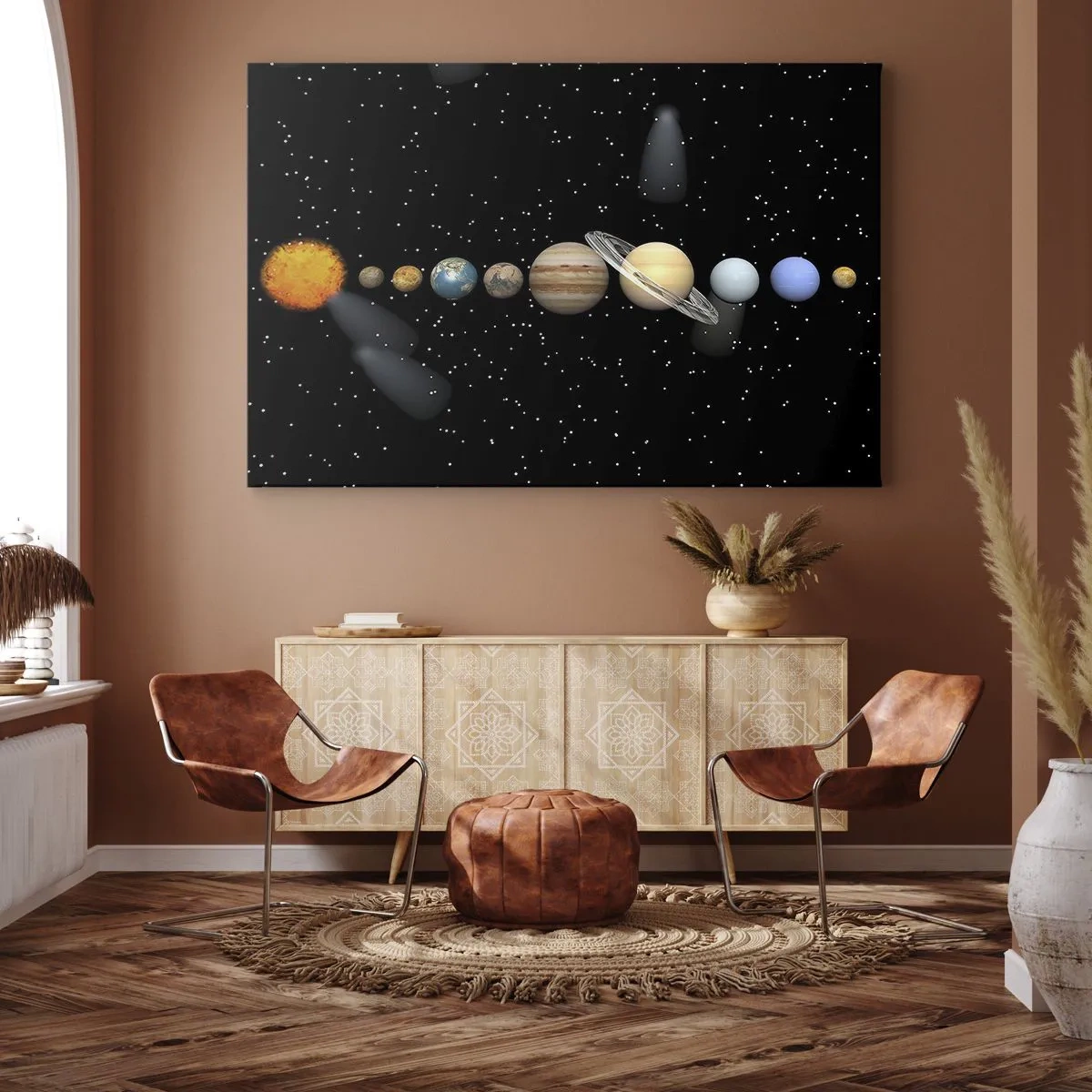 Bild auf Leinwand - Leinwandbild - Das Sonnensystem mit Planeten vor dem Hintergrund der Sterne im Weltraum - 100x70cm - Und die Planeten werden verrückt und toben ... - Moderne Wanddekoration für Wohnzimmer und Schlafzimmer ARTTOR