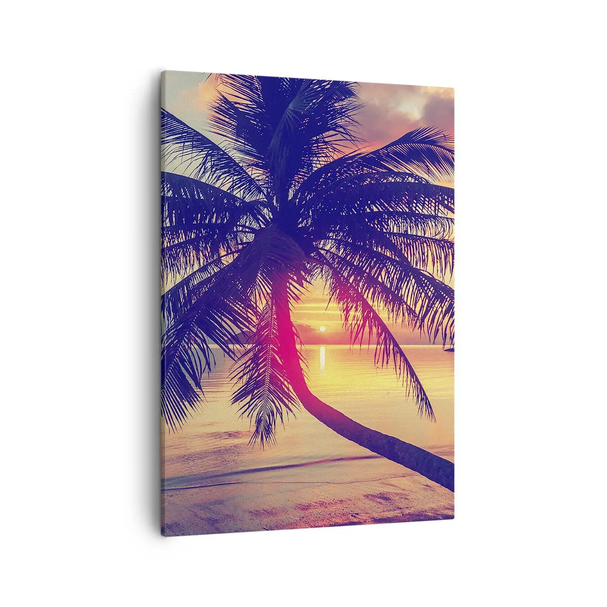 Bild auf Leinwand - Leinwandbild - Sonnenuntergang mit einer Palme über einem ruhigen Ufer - 50x70cm - Abend unter Palmen - Moderne Wanddekoration für Wohnzimmer und Schlafzimmer ARTTOR