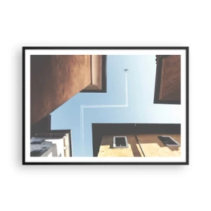 Poster in einem schwarzem Rahmen - Blick auf das Flugzeug und seine Spur am Himmel aus der Straßenperspektive - 100x70cm - Über dem Stadtlabyrinth - Moderne Wanddekoration für Wohnzimmer und Schlafzimmer ARTTOR