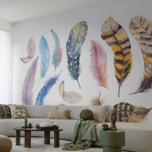 Fototapete Premium Sand - Hell, bunt und bunt - Vogelfedern, Vögel, Grafik - 500x350 cm