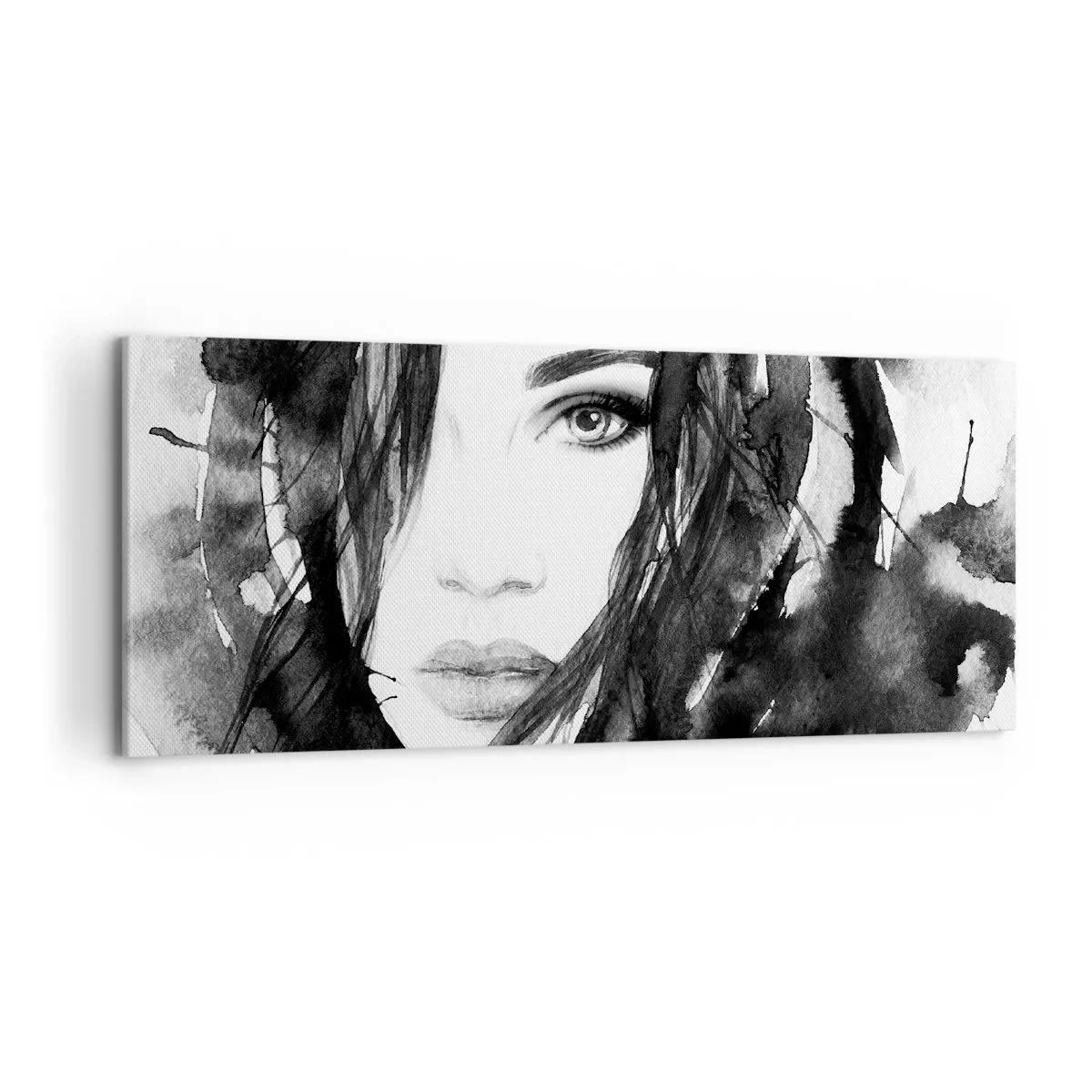 Bild auf Leinwand - Leinwandbild - Porträt einer Frau in Schwarz-Weiß-Aquarell - 120x50cm - Porträt einer Dame in Schwarzweiß - Moderne Wanddekoration für Wohnzimmer und Schlafzimmer ARTTOR