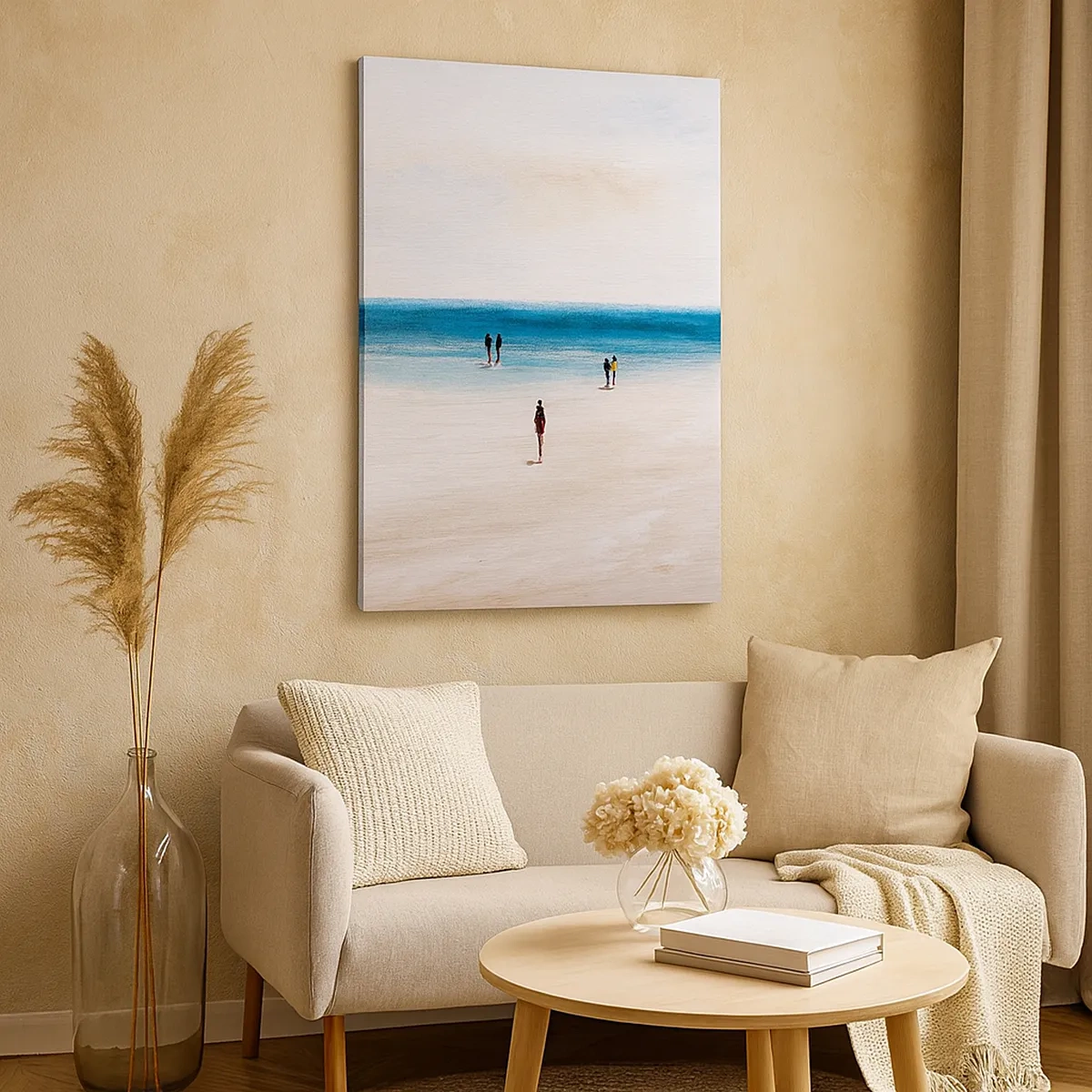 Bild auf Leinwand - Leinwandbild - Ein Strand mit Menschen vor der Kulisse eines ruhigen Meeres - 50x70cm - Natürliches Bedürfnis - Moderne Wanddekoration für Wohnzimmer und Schlafzimmer ARTTOR