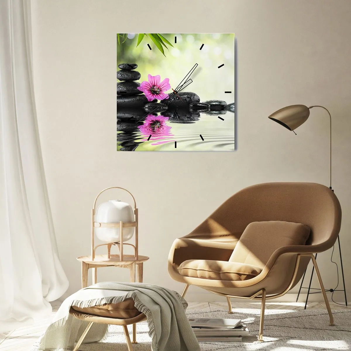 Wanduhr - Glasuhr - Zen-Steine und eine rosa Blume spiegeln sich im Wasser - 30x30cm - Zeit für die Seele - Moderne Wanddekoration für Wohnzimmer und Schlafzimmer ARTTOR