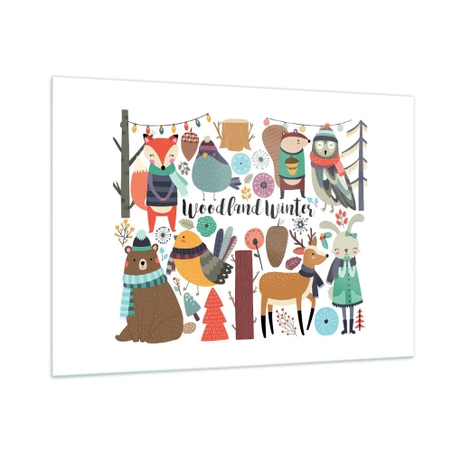 Glasbild - Bild auf glas - Winterwald mit niedlichen Tieren in der Illustration - 100x70cm - Märchenhafter Urlaub im Wald - Moderne Wanddekoration für Wohnzimmer und Schlafzimmer ARTTOR