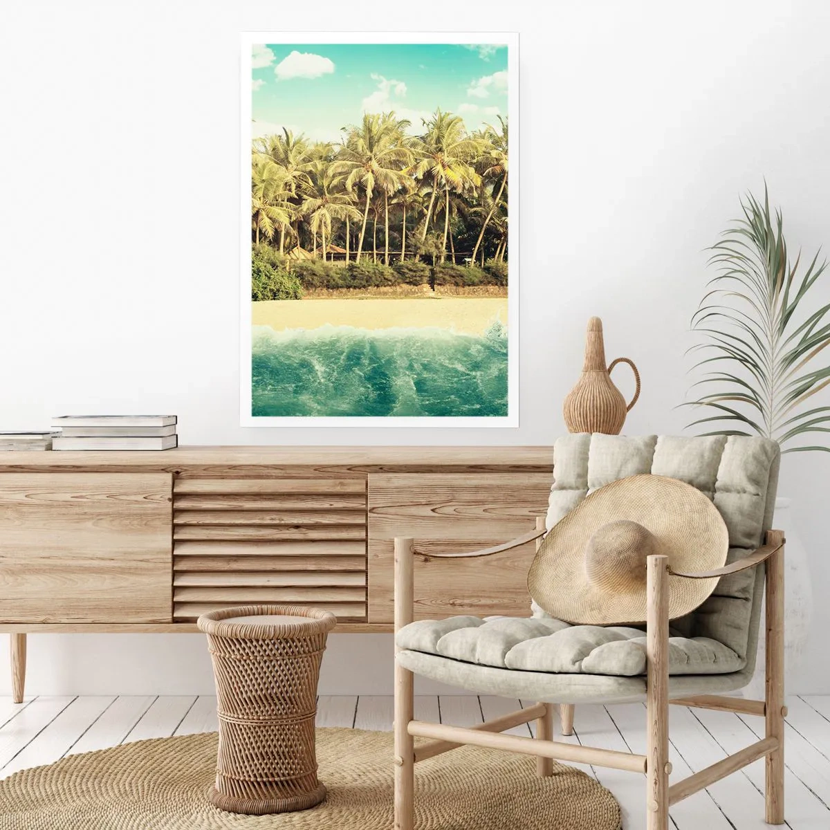 Poster - Tropischer Strand mit Palmen und azurblauem Wasser - 50x70cm - Wie wäre es hier? - Moderne Wanddekoration für Wohnzimmer und Schlafzimmer ARTTOR