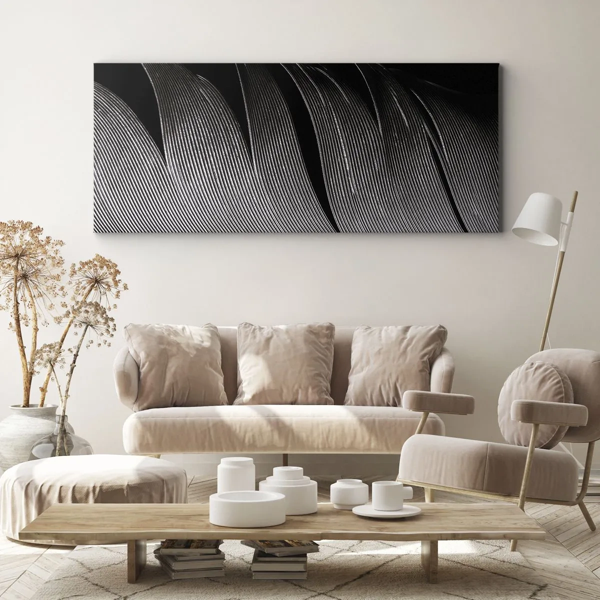 Bild auf Leinwand - Leinwandbild - Schwarz-weiße Federstruktur im minimalistischen Stil - 120x50cm - Stift – ein wunderbares Design - Moderne Wanddekoration für Wohnzimmer und Schlafzimmer ARTTOR