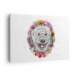 Bild auf Leinwand - Leinwandbild - Ein Hund umgeben von bunten Blumen - 70x50cm - Welpenfreude - Moderne Wanddekoration für Wohnzimmer und Schlafzimmer ARTTOR