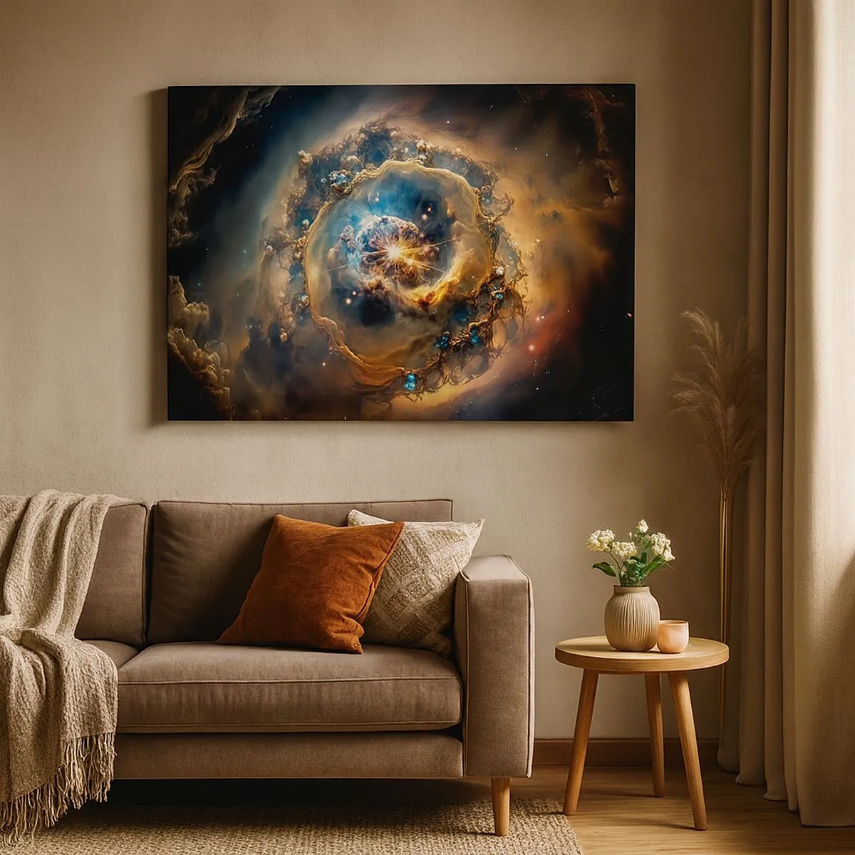 Bild auf Leinwand - Leinwandbild - Eine abstrakte Vision einer kosmischen Explosion in Gold- und Blautönen. - 70x50cm - Anfang - Moderne Wanddekoration für Wohnzimmer und Schlafzimmer ARTTOR