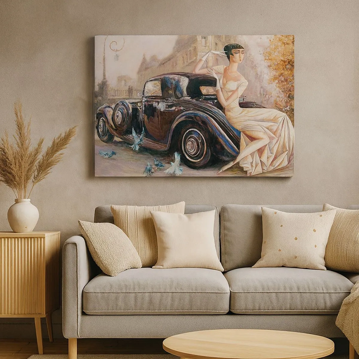 Bild auf Leinwand - Leinwandbild - Retro-Frau neben Oldtimer - 70x50cm - Eleganz im Retro-Stil - Moderne Wanddekoration für Wohnzimmer und Schlafzimmer ARTTOR