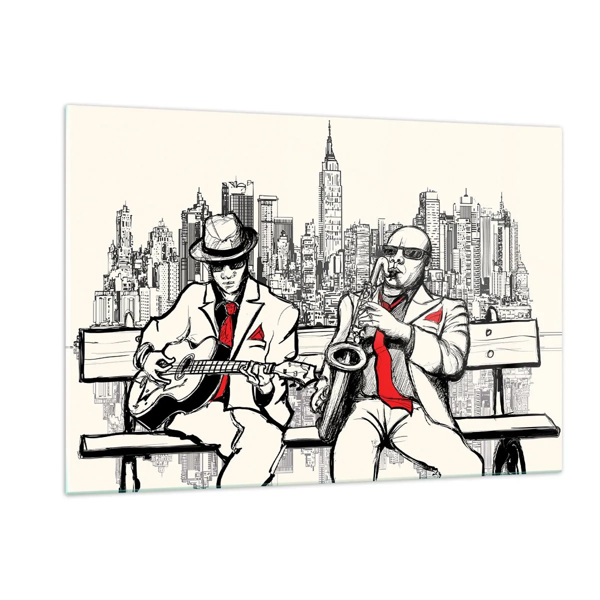 Glasbild - Bild auf glas - Zwei Jazzmusiker spielen vor der Kulisse der Skyline der Stadt - 120x80cm - New Yorker Improvisation - Moderne Wanddekoration für Wohnzimmer und Schlafzimmer ARTTOR