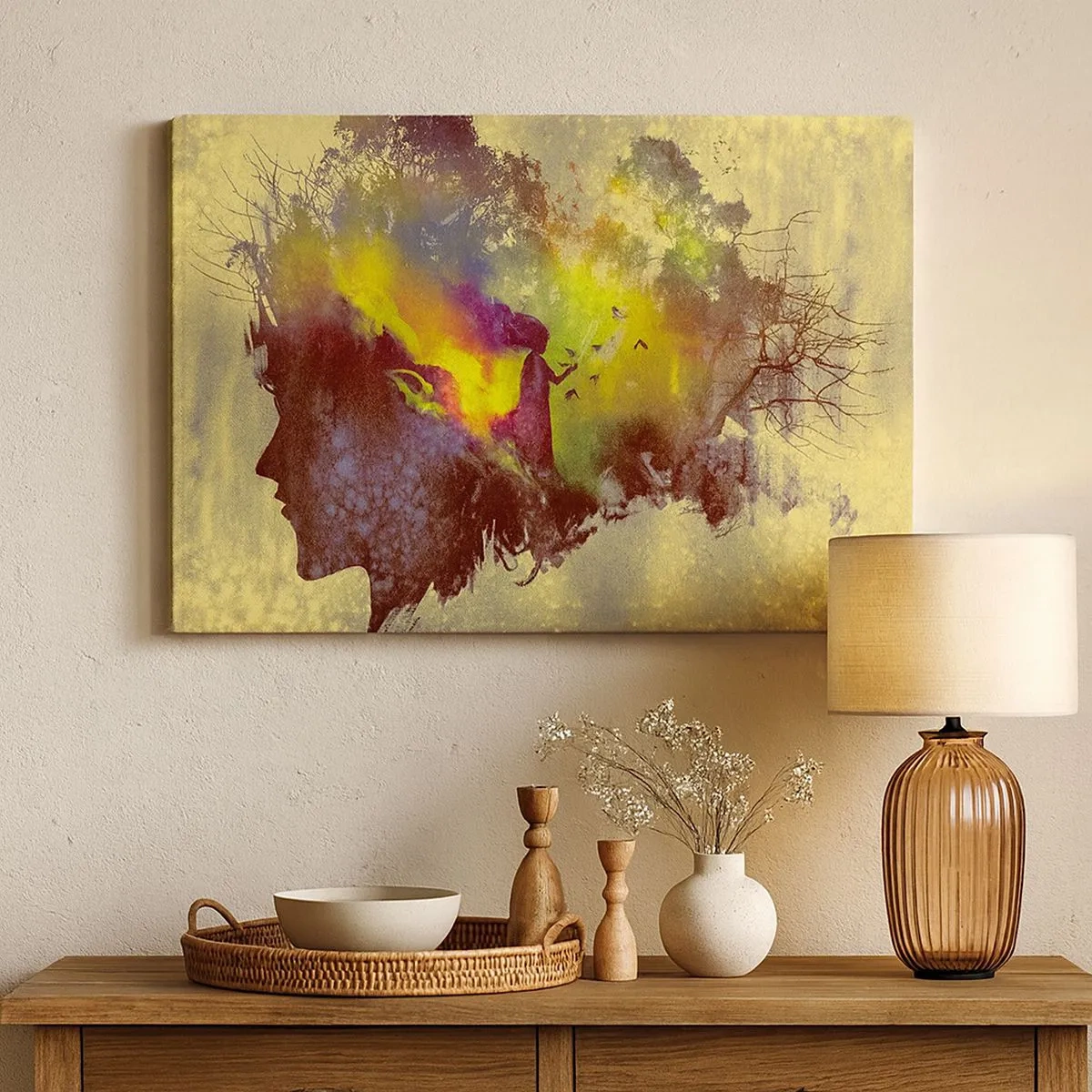 Bild auf Leinwand - Leinwandbild - Künstlerische Silhouette einer Frau mit der Natur im Hintergrund - 70x50cm - Mutter Natur - Moderne Wanddekoration für Wohnzimmer und Schlafzimmer ARTTOR