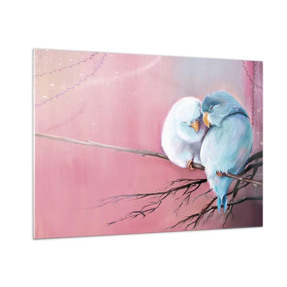 Glasbild - Bild auf glas - Zwei Turteltauben sitzen auf einem Ast vor einem rosa Hintergrund - 100x70cm - Was kann ich hier hinzufügen? ... - Moderne Wanddekoration für Wohnzimmer und Schlafzimmer ARTTOR