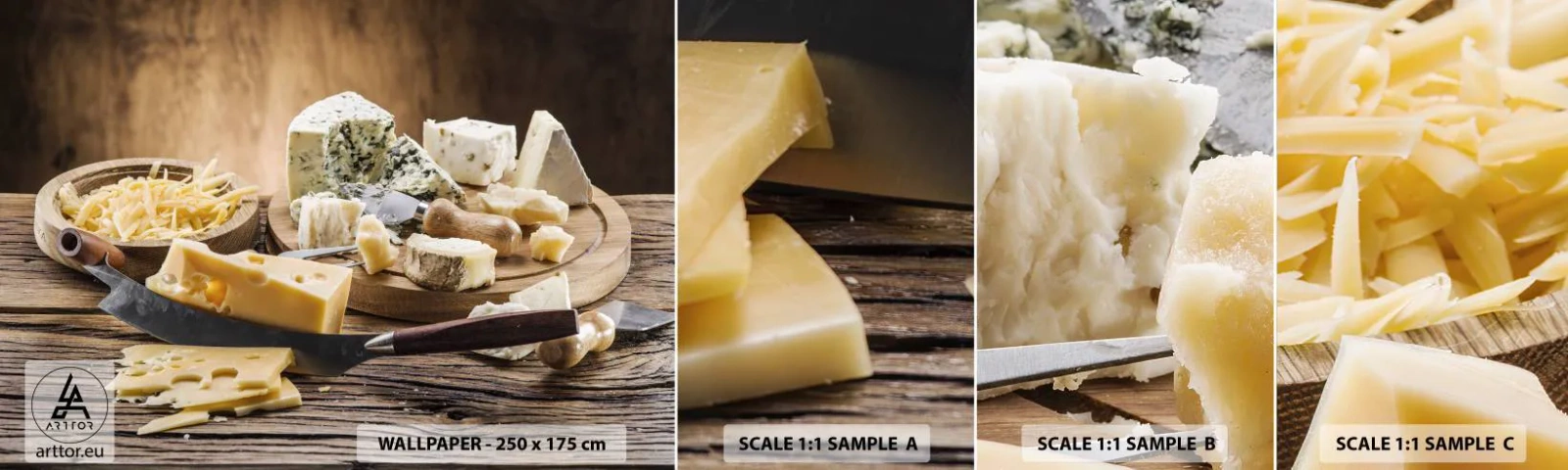 Fototapetenmuster Standard Eco - Lächeln Sie den Käse an - Gastronomie, Käsebrett, Kulinarisch - 100x30 cm