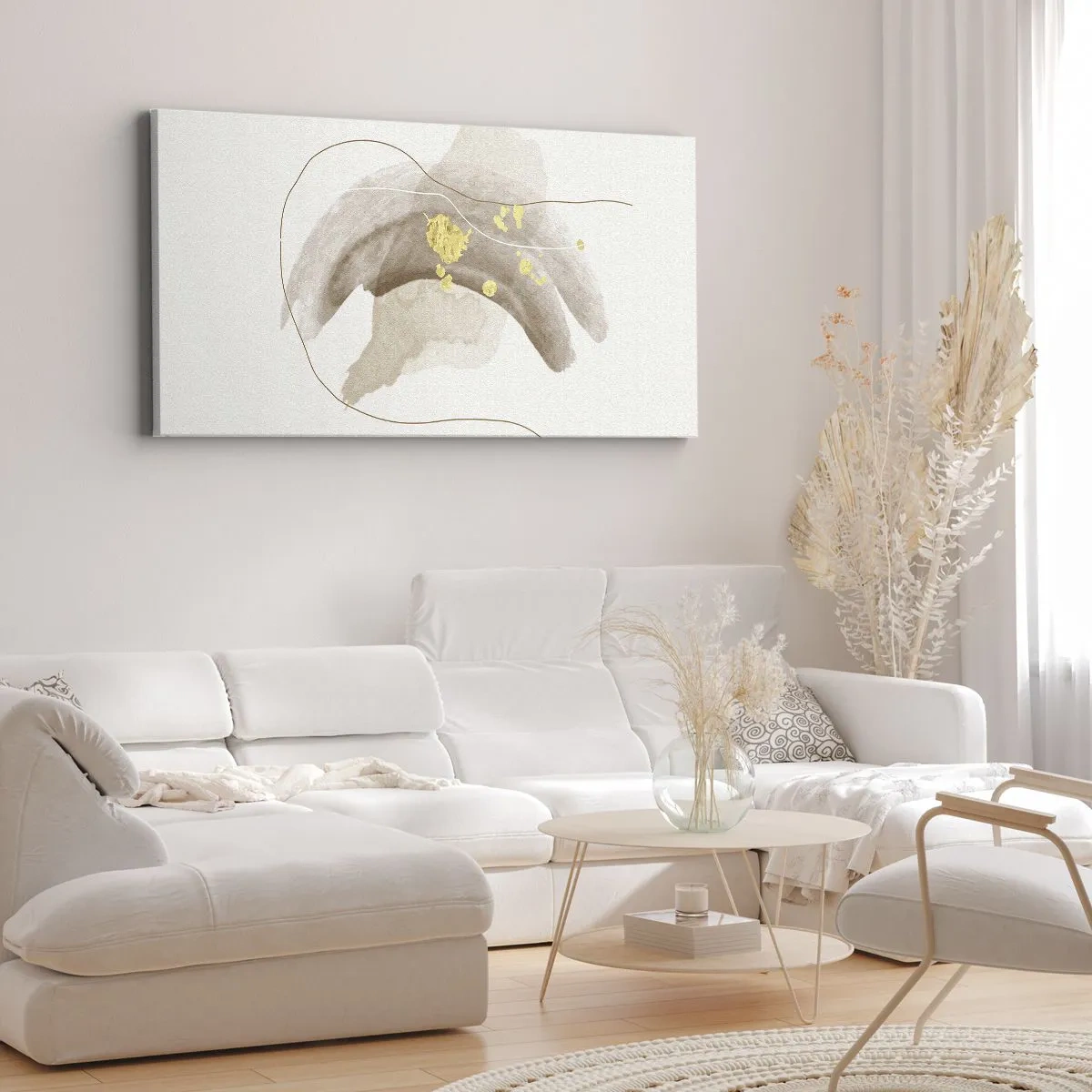 Bild auf Leinwand - Leinwandbild - Eine abstrakte Komposition in Beige- und Goldtönen. - 160x50cm - Im Weltraum begegnet - Moderne Wanddekoration für Wohnzimmer und Schlafzimmer ARTTOR