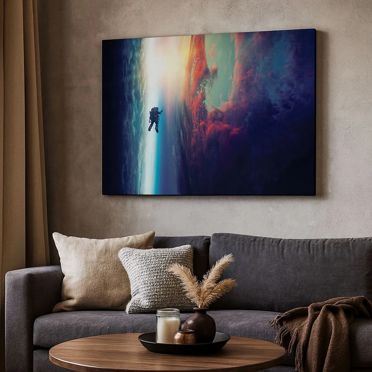 Bild auf Leinwand - Leinwandbild - Ein Astronaut schwebt im Weltraum über einer bunten Erde - 70x50cm - Sich dem Universum stellen - Moderne Wanddekoration für Wohnzimmer und Schlafzimmer ARTTOR