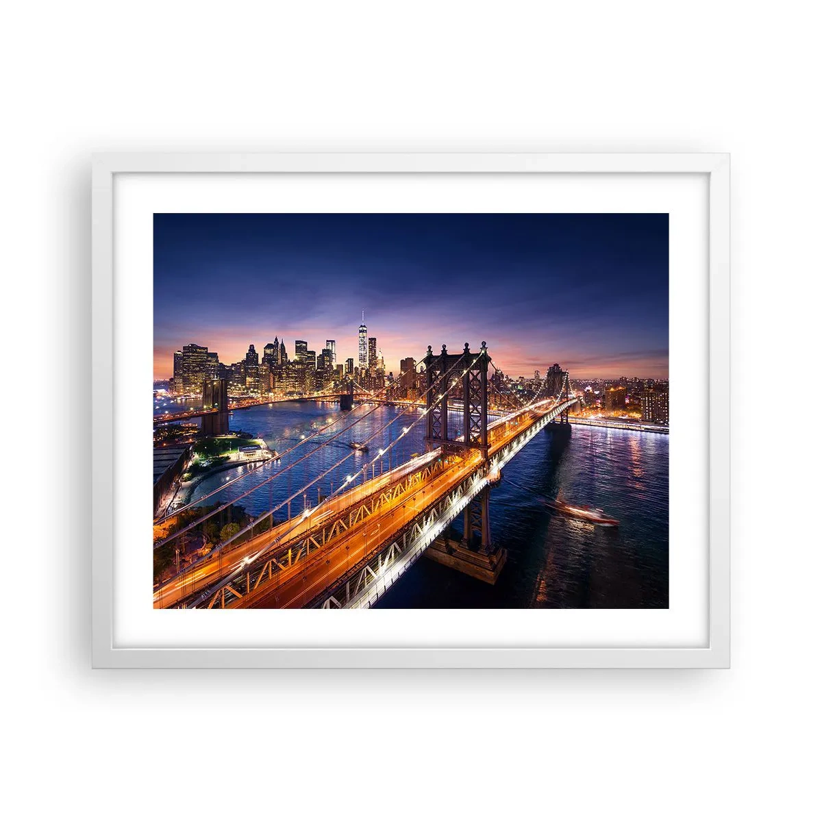 Poster in einem weißen Rahmen - Eine leuchtende Brücke zum Herzen der Stadt - 50x40 cm